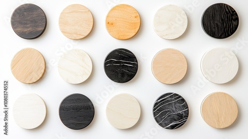 A Beautiful Arrangement of Round Wooden Discs in Various Colors and Textures, Perfect for Interior Design, Craft Projects, and Home Decor Inspirations