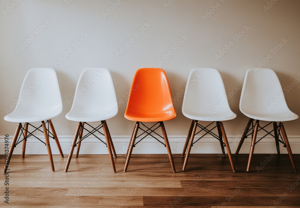 Symmetrical Row of White and Orange Chairs Symmetrical Row of White and Orange Chairs