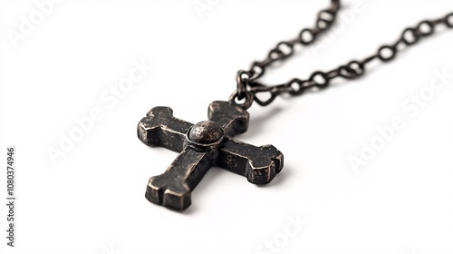 silver cross with a chain on white background - vintage religious symbol isoated photo