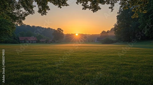 Sunrise over a Field with Houses and Trees