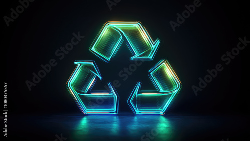 Neon Recycling Symbol Glowing in Dark Background