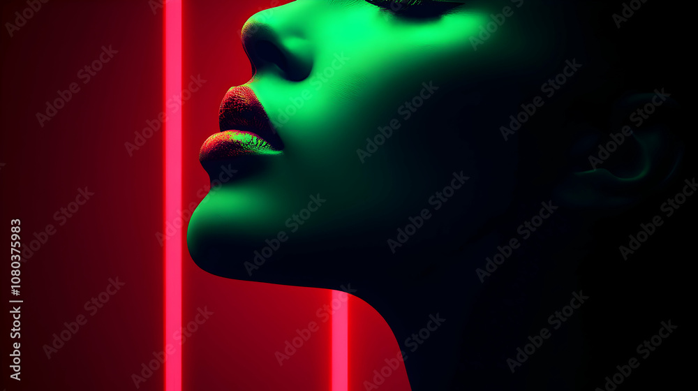 Abstract 3D Rendering of a Woman's Face, Profile View with Neon Red and Green Lighting, Illustrative Digital Art Abstract 3D Rendering of a Woman's Face, Profile View with Neon Red and Green Lighting, Illustrative Digital Art