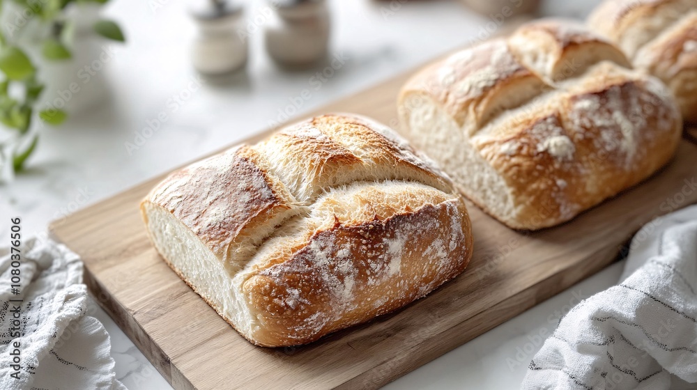 Close-up of freshly baked bread loaf on wooden board. Golden crust, soft interior. Rustic charm. Close-up of freshly baked bread loaf on wooden board. Golden crust, soft interior. Rustic charm.