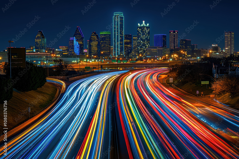 Fototapeta premium Busy city highway with light streaks at night