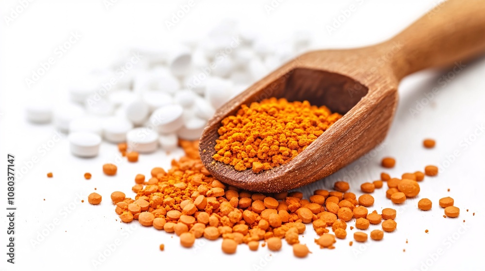 Close-up of assorted pills and tablets in a wooden scoop and scattered on a white surface, evoking themes of medicine, health, and wellness. Close-up of assorted pills and tablets in a wooden scoop and scattered on a white surface, evoking themes of medicine, health, and wellness.
