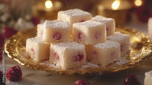 Turkish Delight with Fresh Cherries on a Golden Plate