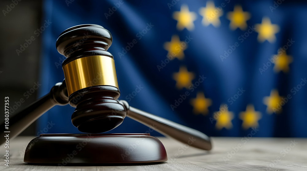 Gavel with Gold Band Rests on Sound Block Against European Flag, Symbolizing Justice and Law Gavel with Gold Band Rests on Sound Block Against European Flag, Symbolizing Justice and Law