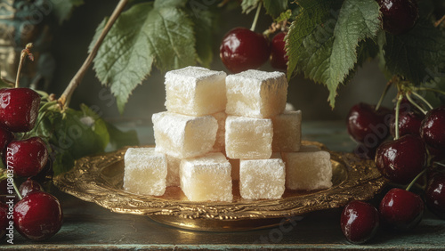 Turkish Delight with Fresh Cherries on a Golden Plate