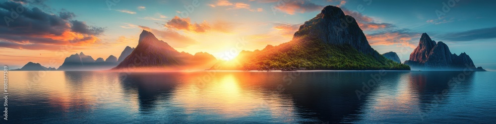 Breathtaking Sunset Over Mountains and Calm Sea Breathtaking Sunset Over Mountains and Calm Sea