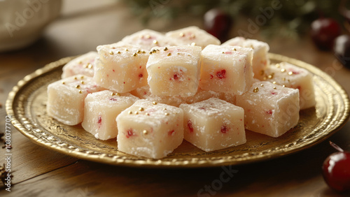 Turkish Delight with Fresh Cherries on a Golden Plate