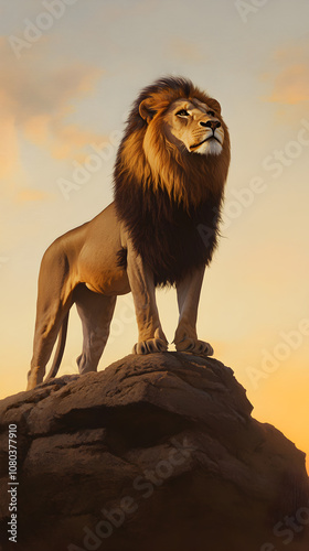 A majestic lion standing on a rocky outcrop, gazing over the savannah at sunset, symbolizing strength and leadership. A lion surveying its kingdom at dusk.