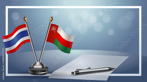 Thailand and Oman Small national flag on bokeh background, cooperative relationship