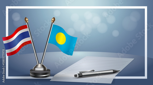 Thailand and Palau Small national flag on bokeh background, cooperative relationship