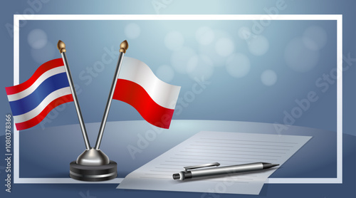 Thailand and Poland Small national flag on bokeh background, cooperative relationship