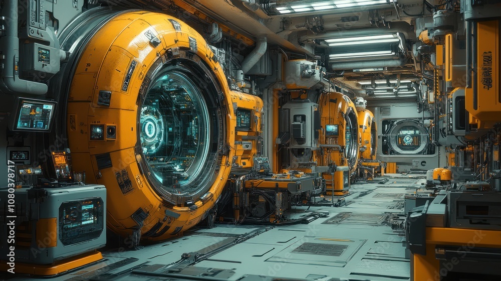 Fototapeta premium Futuristic industrial corridor with advanced technology modules.