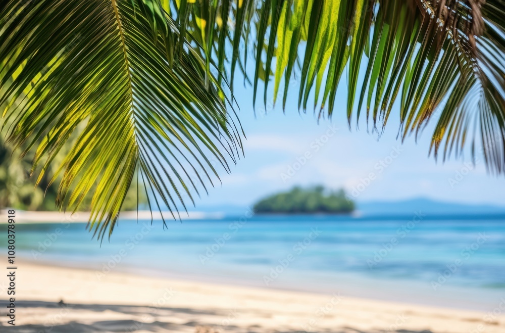 Tropical Island View with Palm Leaves and Sandy Beach Tropical Island View with Palm Leaves and Sandy Beach