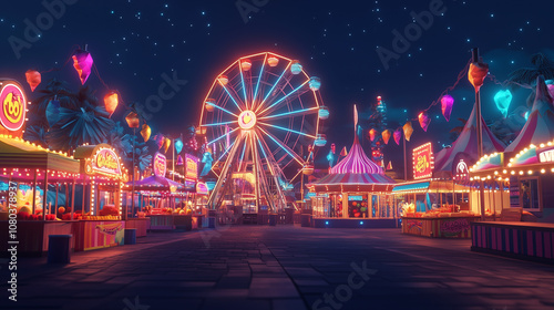 Neon-Lit Ferris Wheel and Carnival Stalls at Nighttime