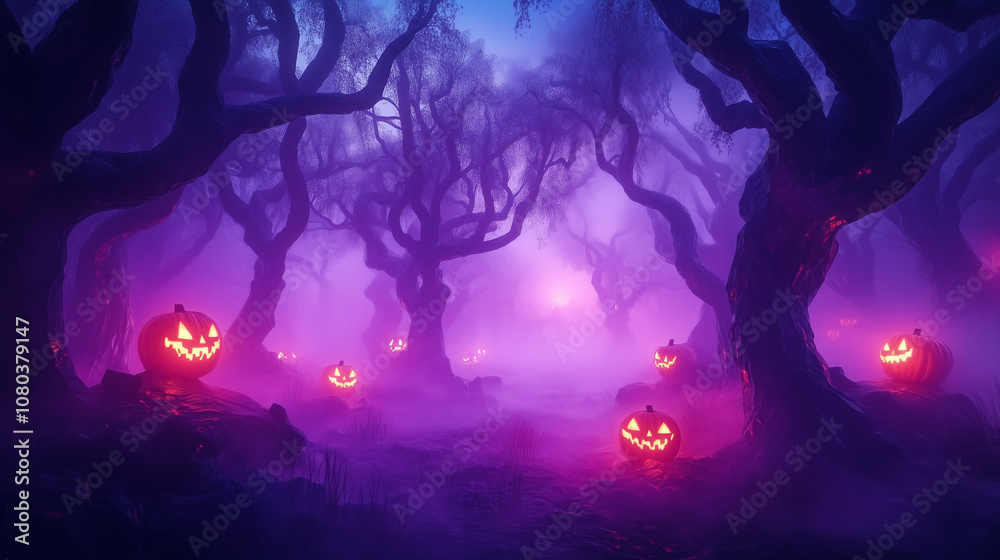 Haunted Forest of Twisted Trees and Glowing Pumpkins in Misty Twilight
