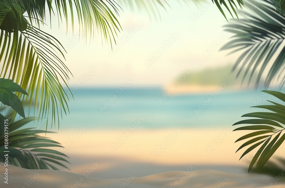 Fototapeta premium Serene Summer Beach with Palm Leaves Background