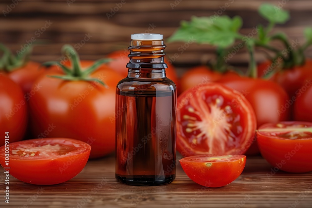 Organic essential tomato. A glass bottle stands among fresh tomatoes, showcasing a natural essence or oil, highlighting the connection between produce and natural products. Organic essential tomato. A glass bottle stands among fresh tomatoes, showcasing a natural essence or oil, highlighting the connection between produce and natural products.
