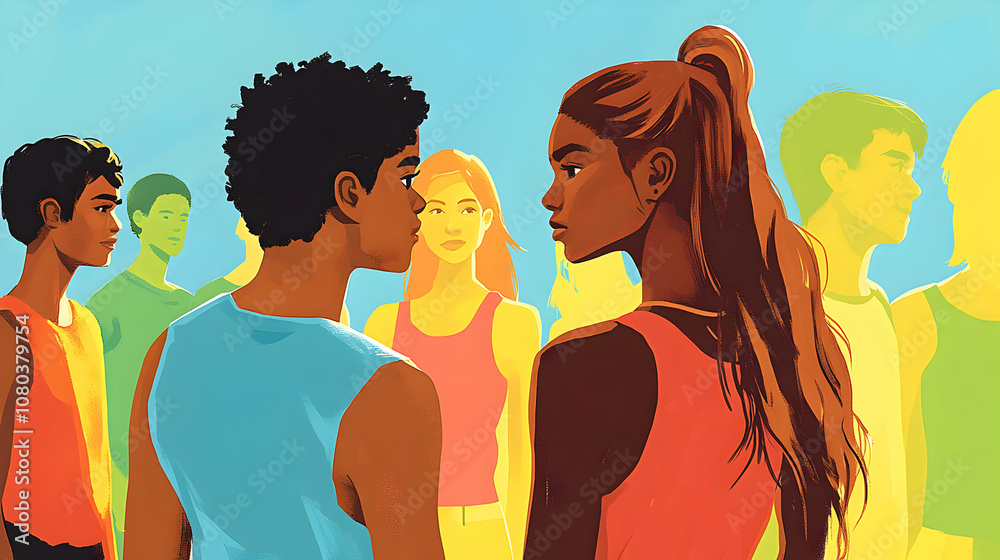 Youthful Couple Faces Forward Amidst a Diverse Crowd in Vibrant, Stylized Illustration