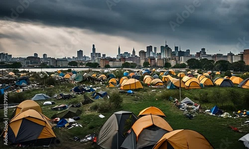 A city skyline overlooks a makeshift encampment of tents and trash.