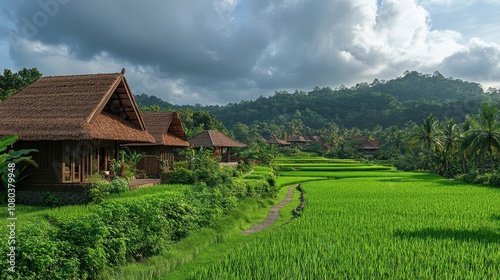 Traditional Houses in a Lush Green Rice Paddy Field