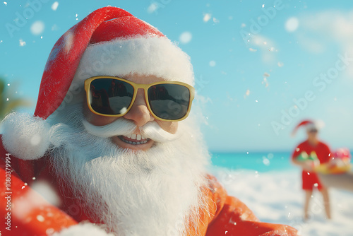 Santa Claus wearing sunglasses on a sunny beach with a festive vibe, snowflakes falling, celebrating Christmas in a tropical setting, perfect for holiday and vacation themes photo