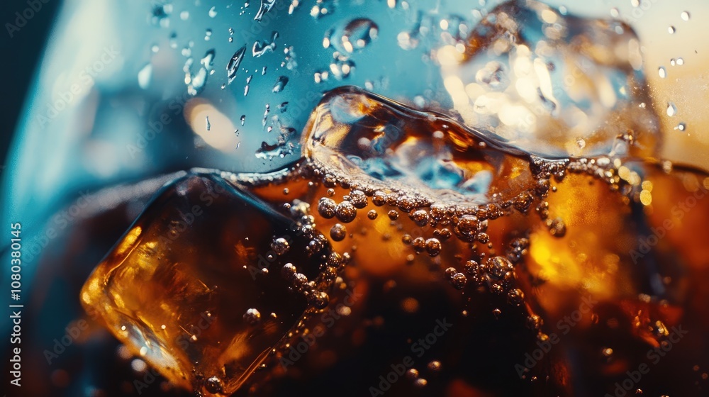 Close-Up of Glass with Cola and Ice Cubes, High-Resolution Macro Photography Close-Up of Glass with Cola and Ice Cubes, High-Resolution Macro Photography