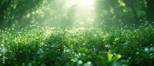 Vibrant green field under brilliant sunlight, showcasing rich textures and colors, ideal for promotional use and visual storytelling