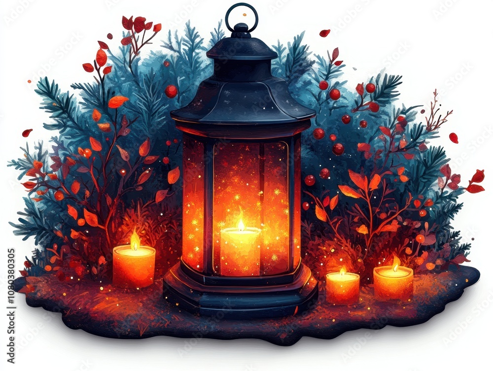 A sticker of a decorative Christmas lantern glowing warmly, isolated on white background 