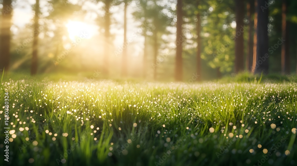 A serene forest scene with dew-covered grass illuminated by soft sunlight. A serene forest scene with dew-covered grass illuminated by soft sunlight.