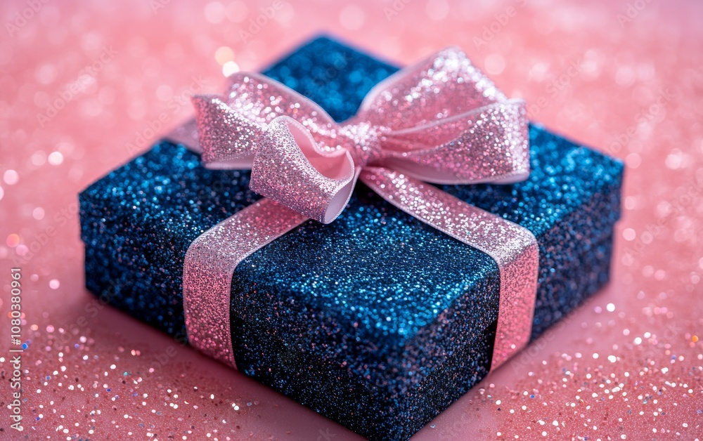 A blue box with a pink ribbon on top of a pink background A blue box with a pink ribbon on top of a pink background