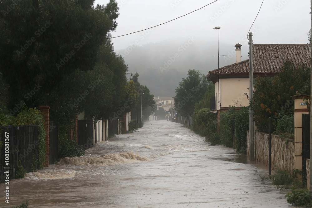 Residential street in spain flooded with muddy water after severe weather, resulting in damage and disruption Residential street in spain flooded with muddy water after severe weather, resulting in damage and disruption