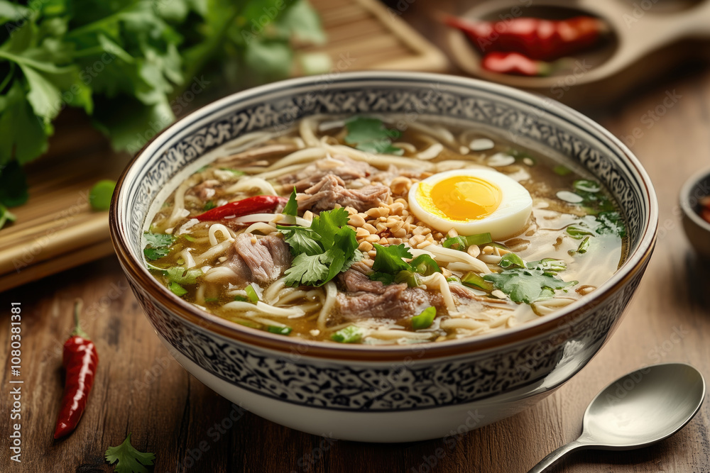 Noodle soup with beef, egg and parsley Noodle soup with beef, egg and parsley