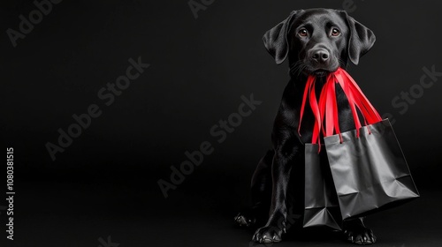 Seasonal Sale Banner Featuring Black Labrador and Shopping Bags photo