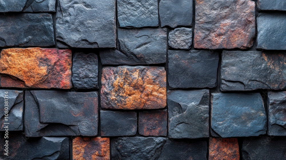 A textured wall made of dark and multicolored stone slabs. A textured wall made of dark and multicolored stone slabs.