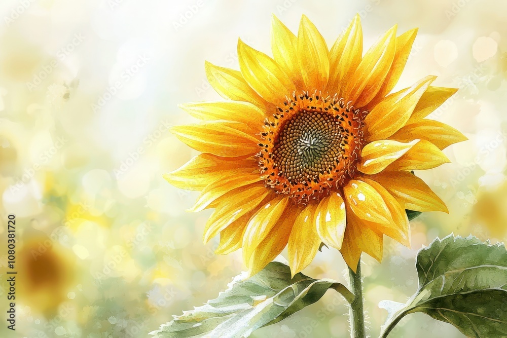 Fototapeta premium Experience the beauty of a soft watercolor sunflower in full bloom with golden hues