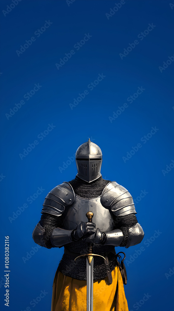 A historical knight in ceremonial armor with a sword, posed against a royal blue background. A knight in ceremonial attire.
A historical knight in ceremonial armor with a sword, posed against a royal blue background. A knight in ceremonial attire.