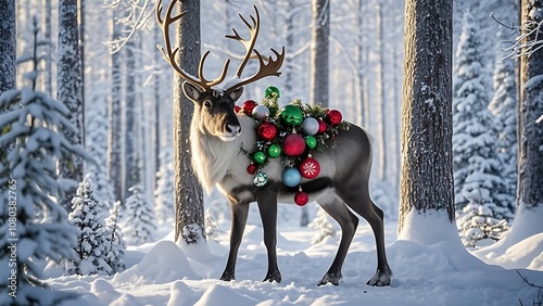 A reindeer decorated with Christmas ornaments stands in a snowy forest.