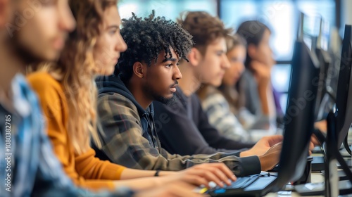 A group of students work on computers in a classroom setting.