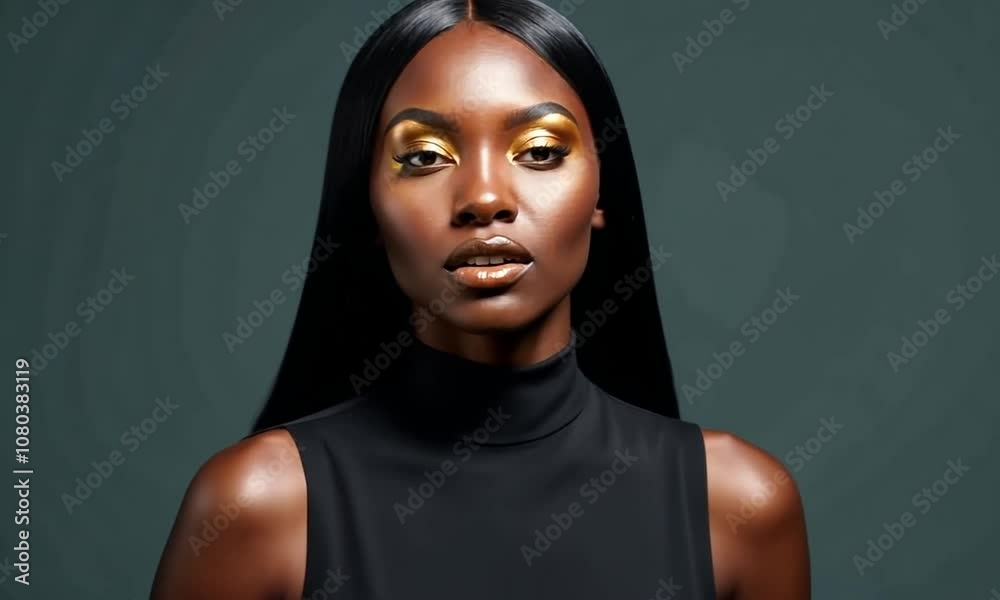 Beautiful model showcases striking golden makeup in a modern studio setting during a fashion photoshoot
