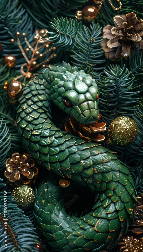 Fototapeta premium Mystical Green Serpent Encircling Holiday Greenery, Christmas Decoration, Festive Close-up, symbol of Chinese New Year