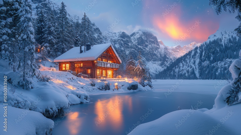 Naklejka premium Experience the charm of a swiss alpine chalet with snow-covered rooftops and warm lights amidst a winter wonderland