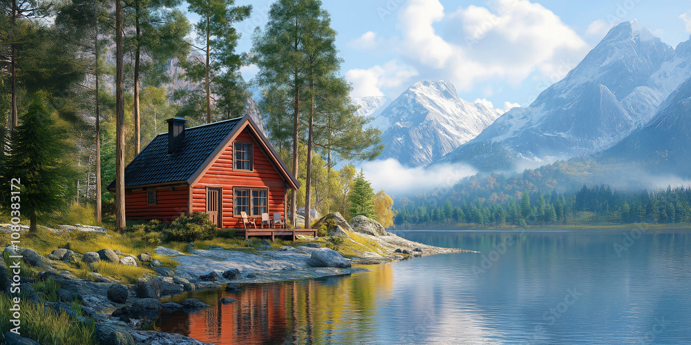 Fototapeta premium Wooden self-sufficient off the grid cottage