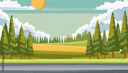 Landscape with pine trees , sun, clouds and road. Vector illustration in flat style.