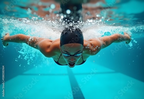 Female Swimmer Training Active Woman in Swimsuit and Goggles Underwater in a Swimming Pool photo