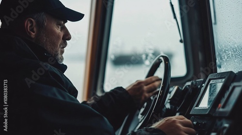 A seasoned mariner navigates through the misty seas, his hands steady on the helm, guiding his vessel on a captivating journey across the vast ocean.