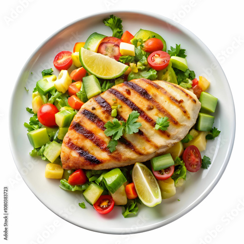 Grilled Chicken with Avocado Salsa Salad isolated Keto diet isolated on the white background