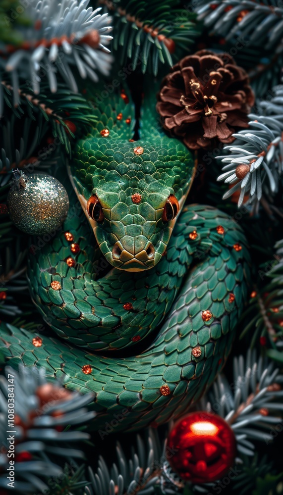 Fototapeta premium Green Viper Entwined Festive Fir, Christmas Decor. Close-Up Exotic Snake. Holiday Season Concept, symbol of Chinese New Year